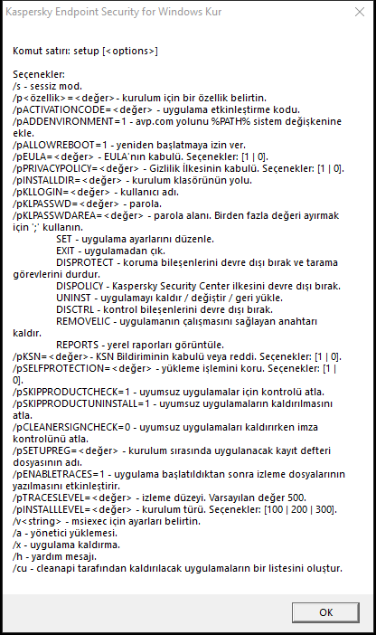 Uygulamayı CMD aracılığıyla yüklemek için komut seçeneklerini açıklayan araç ipucu penceresi.