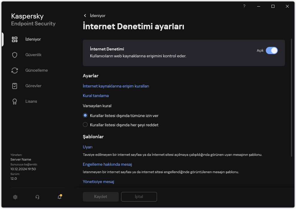 İnternet Denetimi ayarları penceresi.