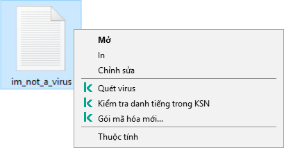 Menu ngữ cảnh tập tin kèm các mục của Kaspersky: quét phần mềm độc hại, kiểm tra danh tiếng trong KSN, tạo kho lưu trữ được mã hóa.