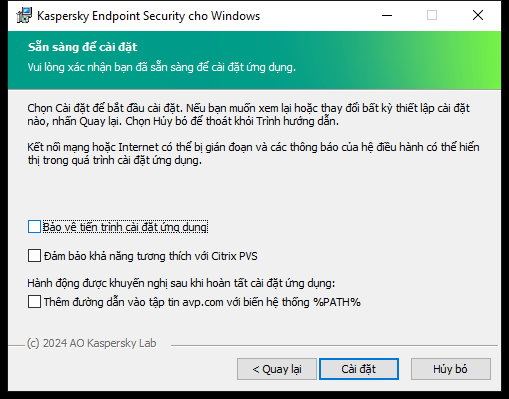 Cửa sổ thiết lập cài đặt: bảo vệ cài đặt, khả năng tương thích với Citrix PVS, biến hệ thống cho avp.com.