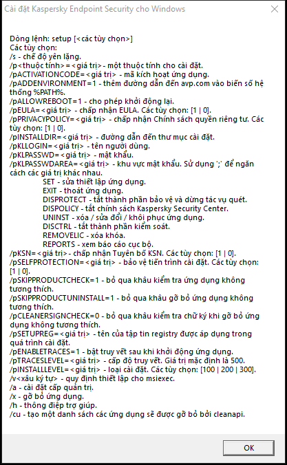 Cửa sổ chú giải công cụ, mô tả các tùy chọn lệnh để cài đặt ứng dụng qua CMD.