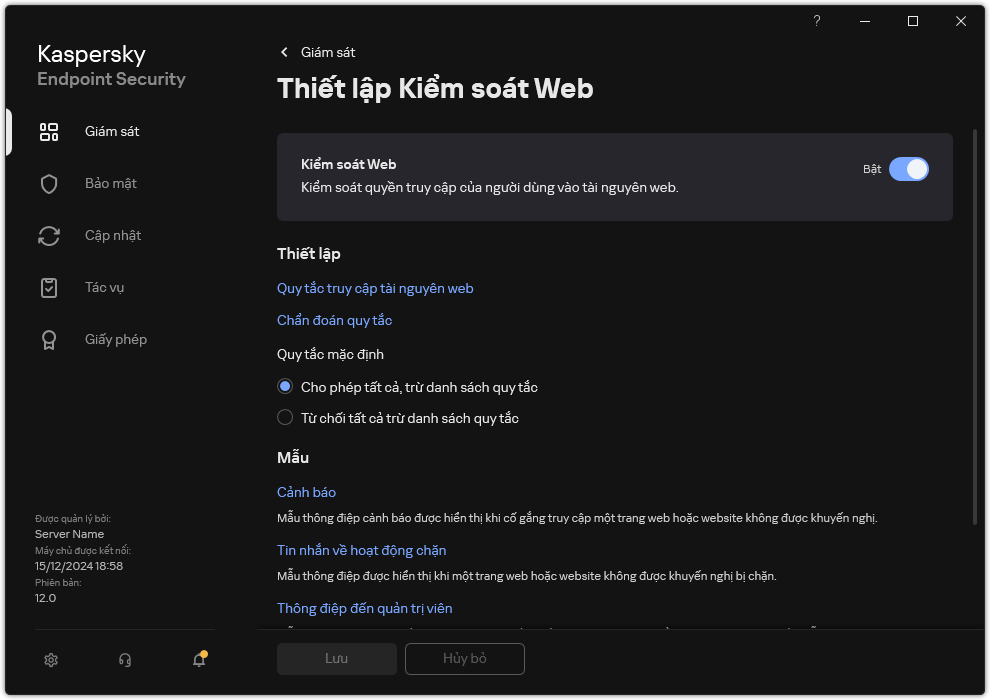 Cửa sổ thiết lập Kiểm soát web.
