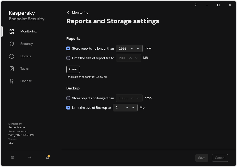 Configuring the maximum size of the report file