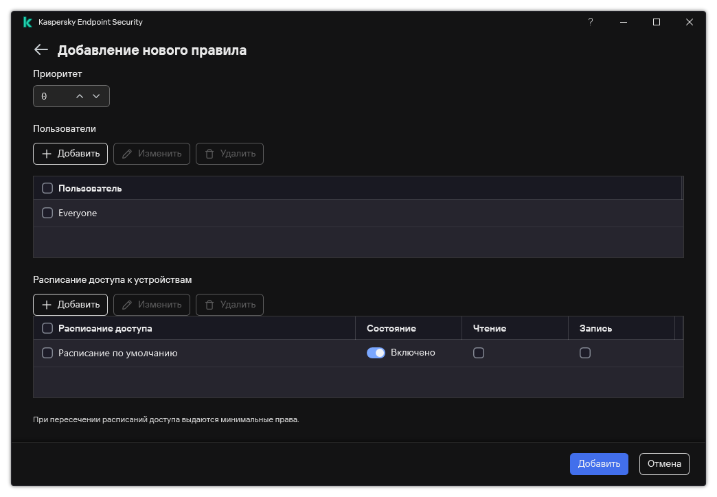 Окно настройки правила Контроля устройств. Пользователь может назначить приоритет правила, добавить пользователей в правило и задать расписание работы правила.