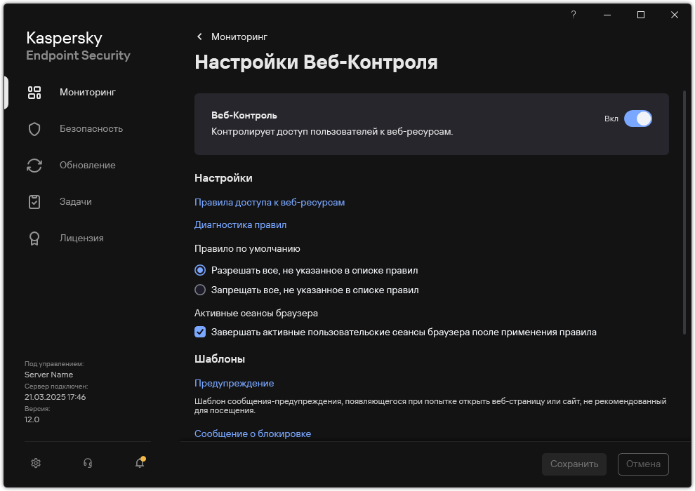 Окно с параметрами Веб-Контроля.