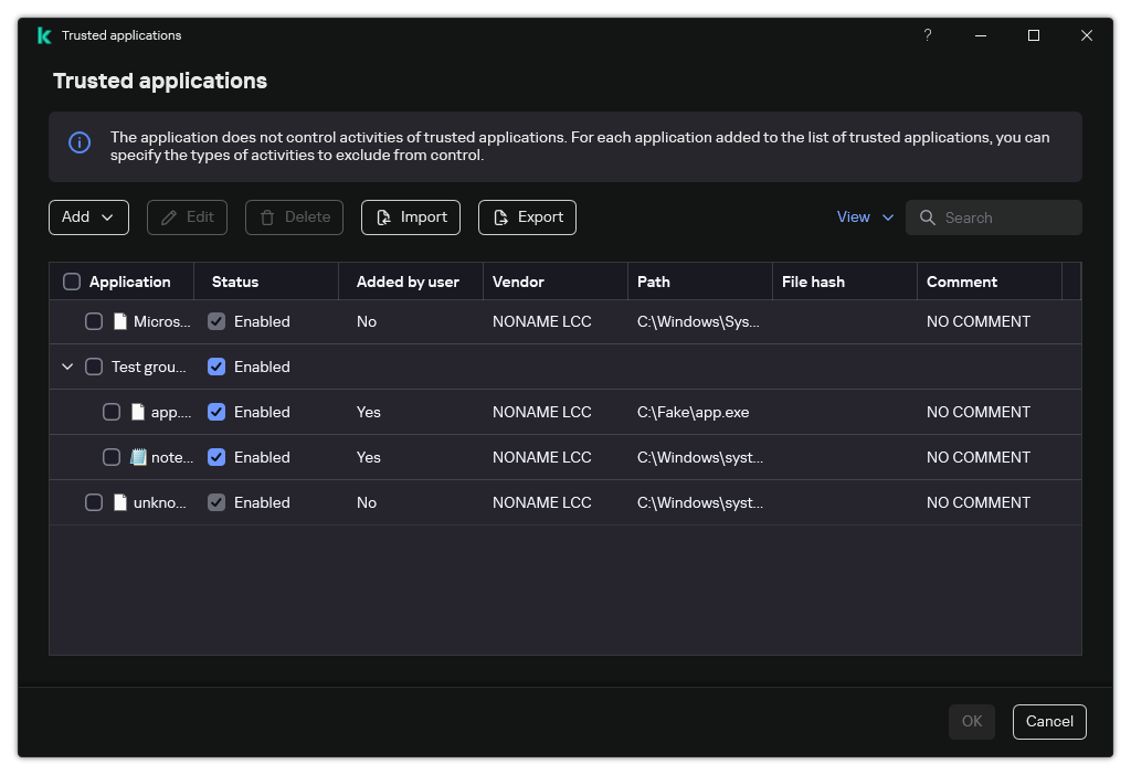 Editing the list of trusted applications