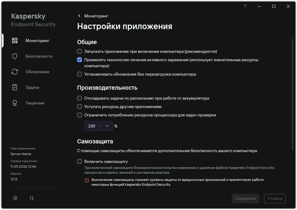 Окно с параметрами приложения. Пользователь может настроить параметры производительности, самозащиты и другие параметры.
