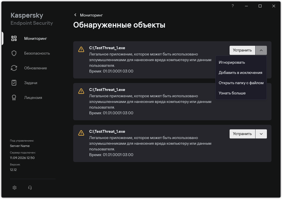 Окно со списком обнаруженных объектов. Отображается информация об объекте. Пользователь может устранить или удалить объект.