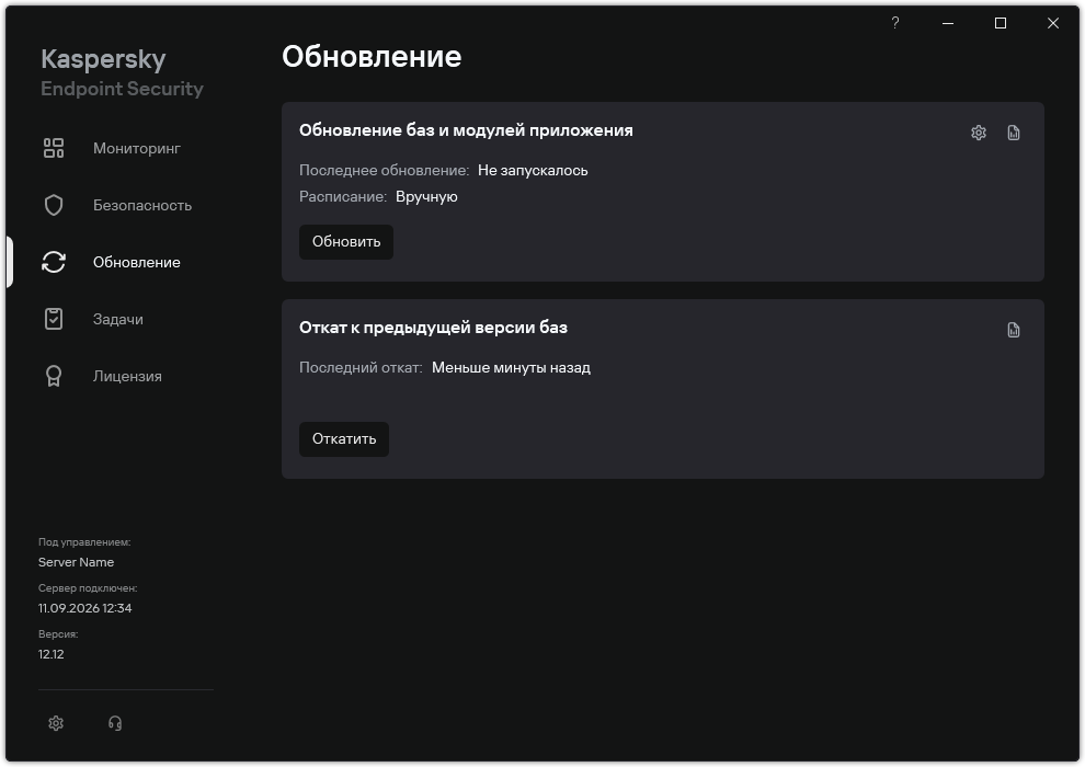 Окно со списком локальных задач обновления. Пользователь может запустить задачи обновления, а также откатить обновление.