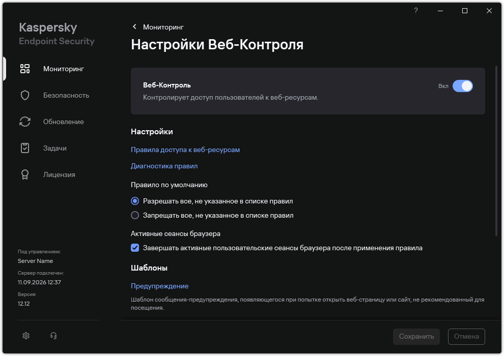 Окно с параметрами Веб-Контроля.