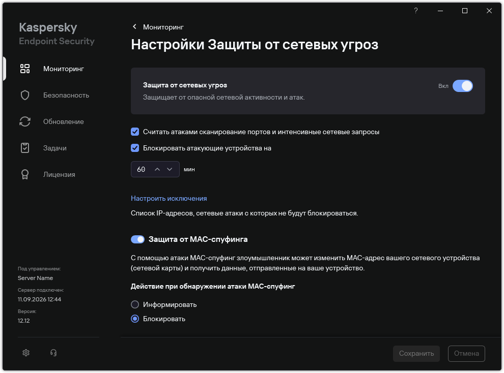 Окно с параметрами Защиты от сетевых угроз.