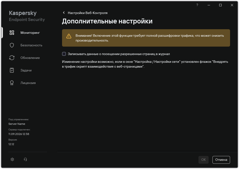 Окно с дополнительными параметрами Веб-Контроля.