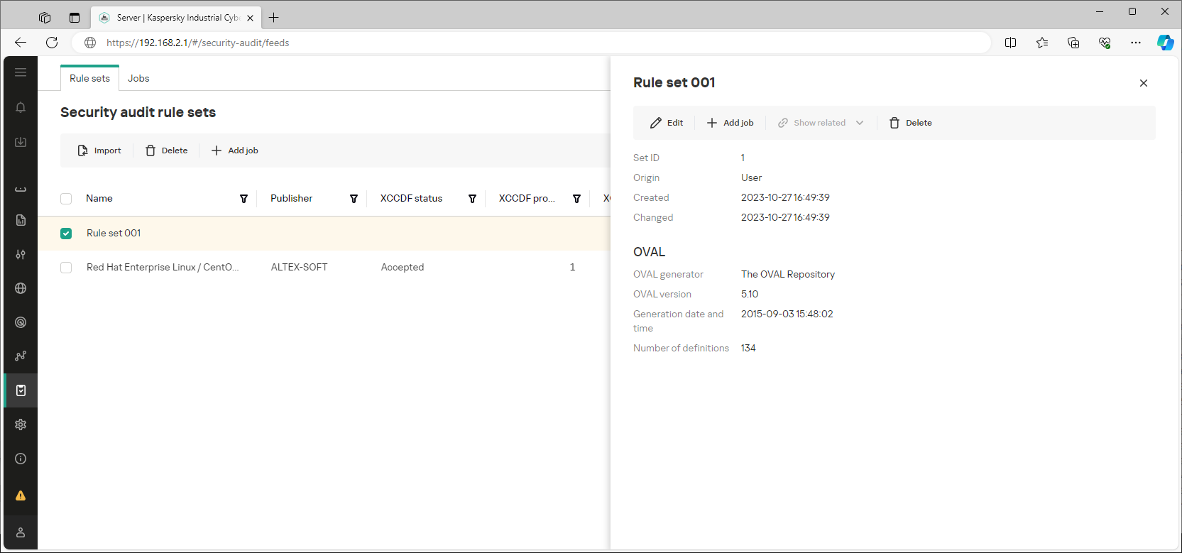 Example of the displayed interface elements and data in the "Security audit" section.