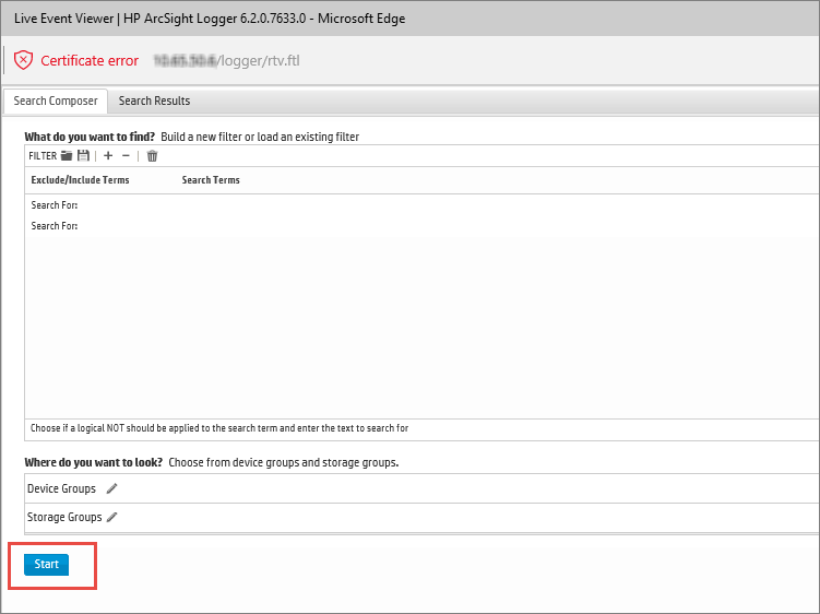 Окно системы HP ArcSight с кнопкой Start для Live Event Viewer (кнопка в нижней части окна).