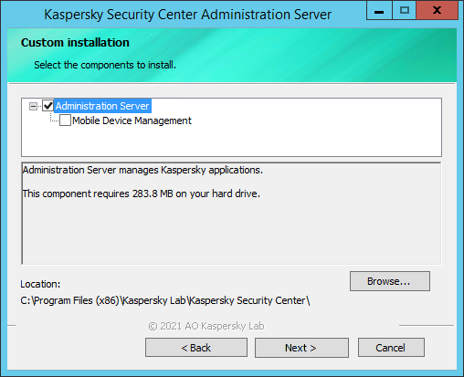 In the Custom installation window, the Administration Server component is selected for the installation and the installation folder is specified.