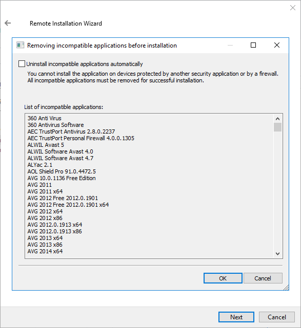 Software incompatible with installing the Kaspersky application.