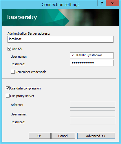 In the Connection settings window, the Administration Server address, User name, and Password fields are filled in. The Use SSL and Use data compression check boxes are selected.