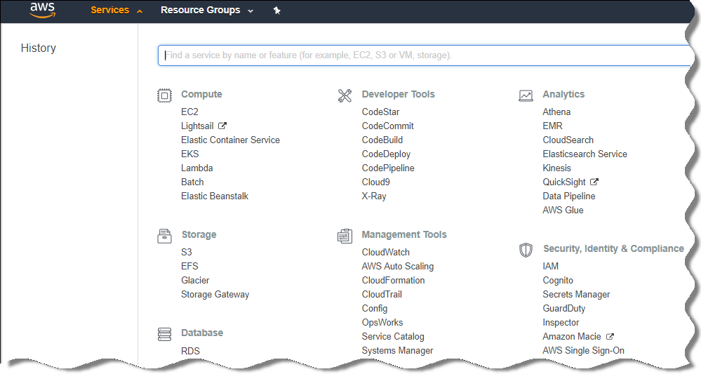 In the list of services in AWS Management Console, the IAM service is located in the Security, Identity & Compliace section. The RDS service is located in the Database section.