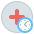 A white circle with a red cross. A clock icon is located in the lower right section of the circle.