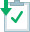 A grey clipboard on which a green check mark is drawn. A green arrow in the left corner of the clipboard points down.
