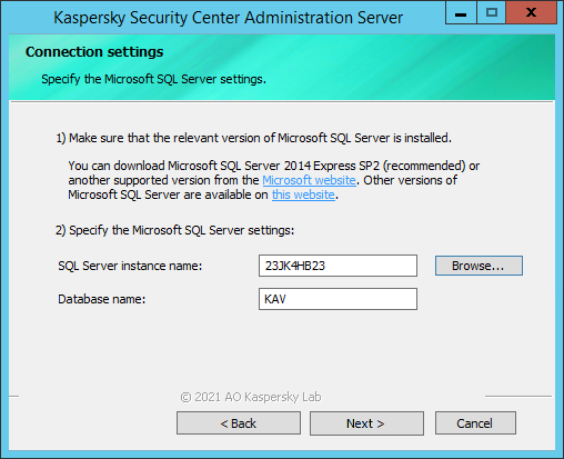 En la ventana de configuración de conexión, se han definido los ajustes de Microsoft SQL Server. Se completan los campos Nombre de la instancia de SQL Server y Nombre de la base de datos.