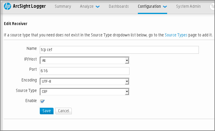 En ArcSight, la pantalla de configuración del destinatario se encuentra en la pestaña "Configuration" (Configuración). La configuración del destinatario se define de la siguiente manera: el nombre del receptor es "tcp cef", la propiedad IP/Host es "All" (Todo), el puerto (Port) es 616, la codificación (Encoding) es UTF-8 y el tipo de origen (Source Type) es CEF.