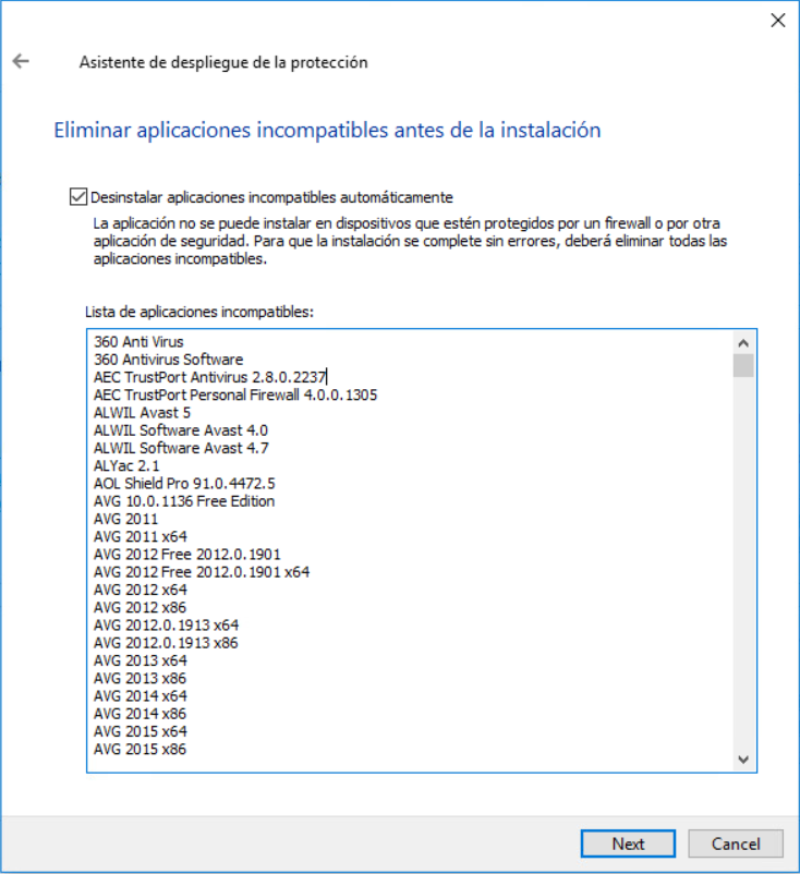 Software incompatible con la instalación de la aplicación de Kaspersky.