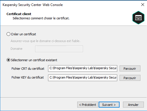 Sur la page Certificat client, l'option Choisir un certificat existant est sélectionnée et les chemins d'accès au fichier du certificat CRT et au fichier du certificat KEY sont indiqués.