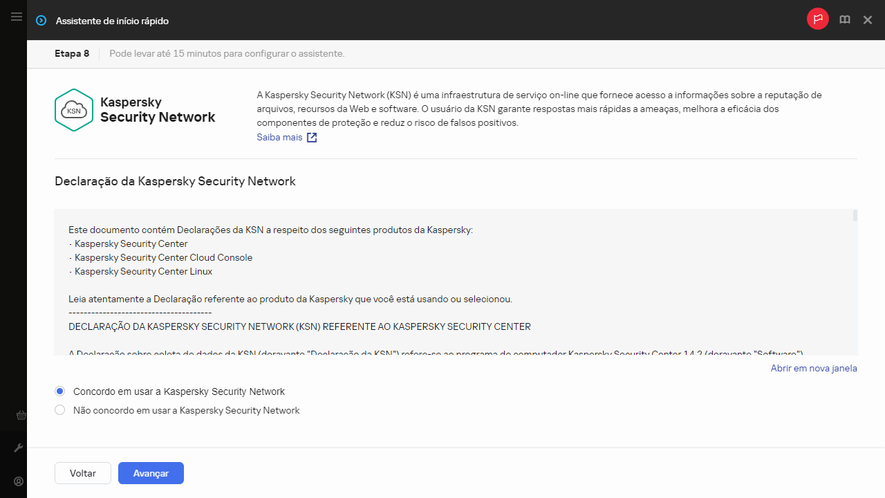 A etapa do Kaspersky Security Network do Assistente de início rápido.