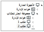 تتضمن عقدة الأجهزة المُدارة مجموعة الجذر لمجلد المكاتب الذي يحتوي على خوادم الإدارة ومجموعات Office 1 وOffice 2.