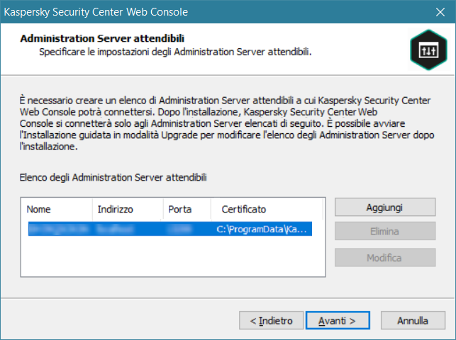 Programma di installazione di Web Console: Administration Server