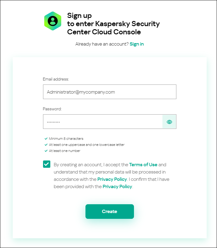 Sign up to enter Kaspersky Security Center Cloud Console window.