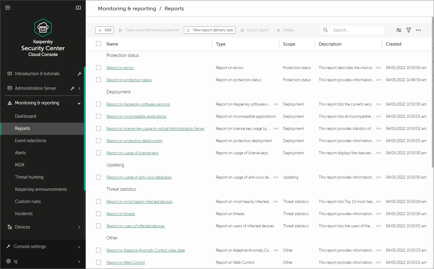 The Reports section contains a list of reports. You can manage the report list and configure each report.