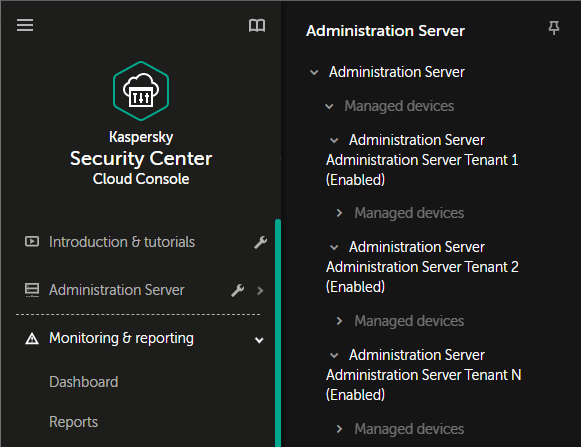 The created virtual Administration Servers are nested in the Managed devices node.