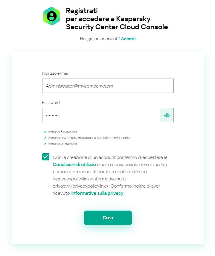 Registrarsi per accedere alla finestra di Kaspersky Security Center Cloud Console.