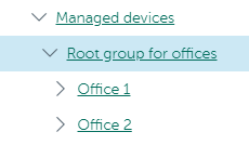 受管理设备节点包括包含管理服务器的办公室文件夹的根组，以及 Office 1 和 Office 2 组。
