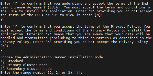 Ingresando "Y" para aceptar los términos del EULA y de la Política de privacidad, y selección del modo de instalación del Servidor de administración en la terminal de línea de comandos.