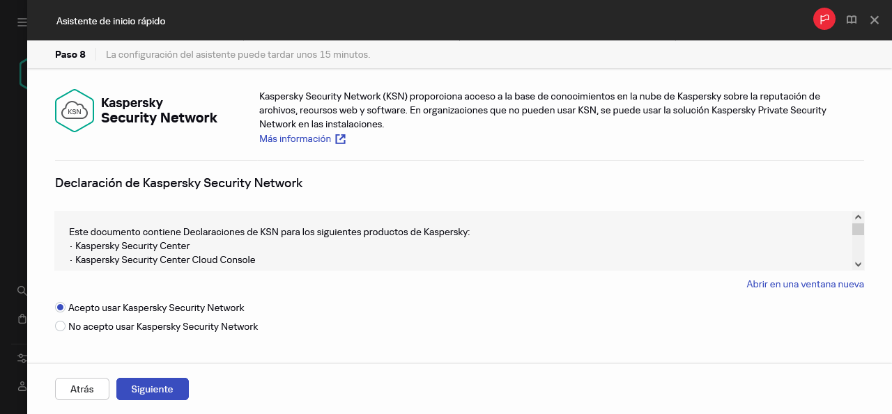 El paso de Kaspersky Security Network del Asistente de inicio rápido.
