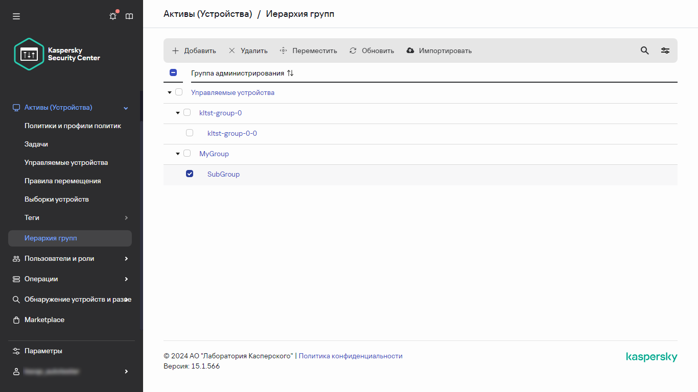 Иерархия групп с выбранной подгруппой SubGroup.