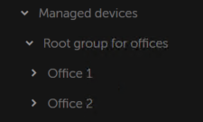 A Managed devices node includes the Root group for offices folder that contains Administration Servers, and groups Office 1 and Office 2.