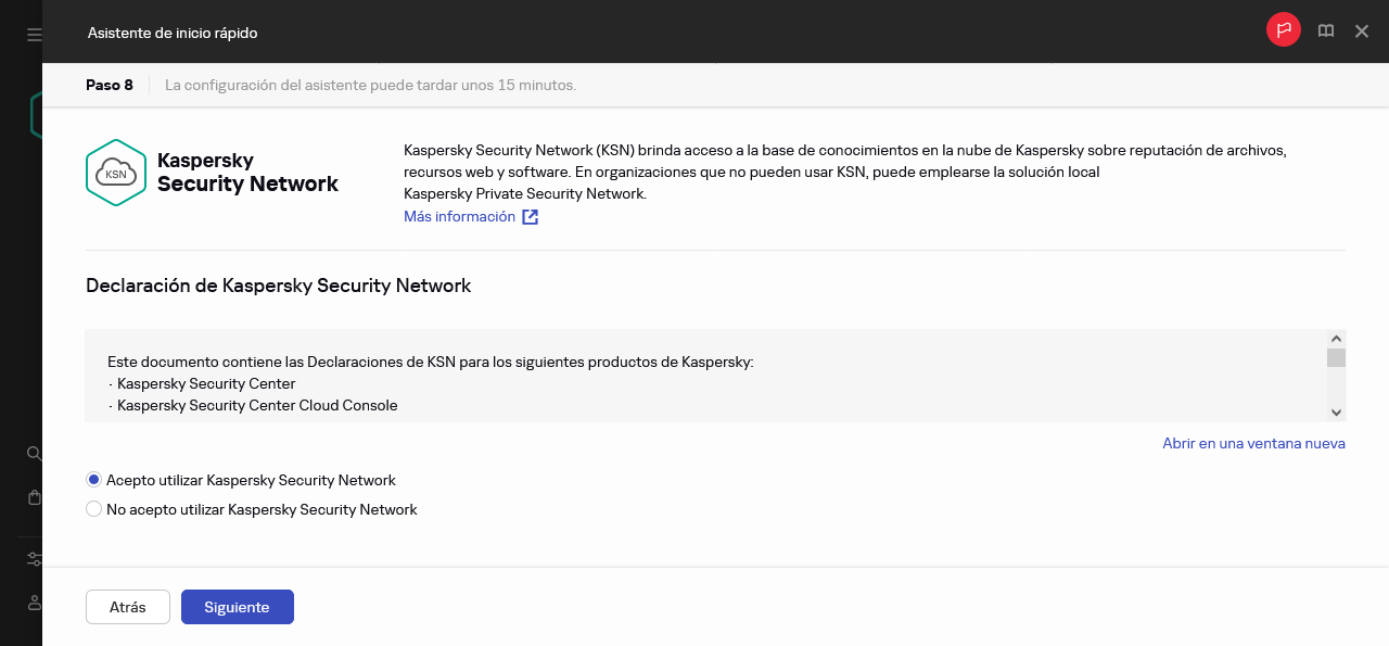Paso de Kaspersky Security Network del Asistente de inicio rápido.