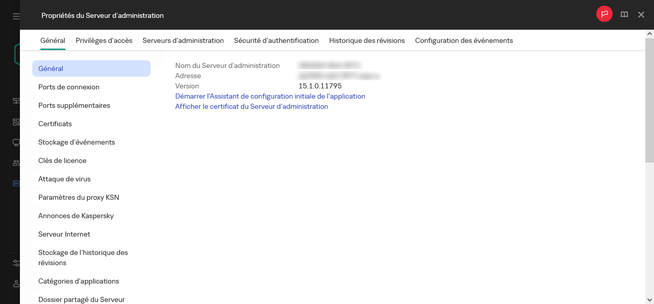 Une capture d'écran de la fenêtre du Serveur d'administration qui affiche un lien pour lancer l'Assistant de configuration initiale de l'application.