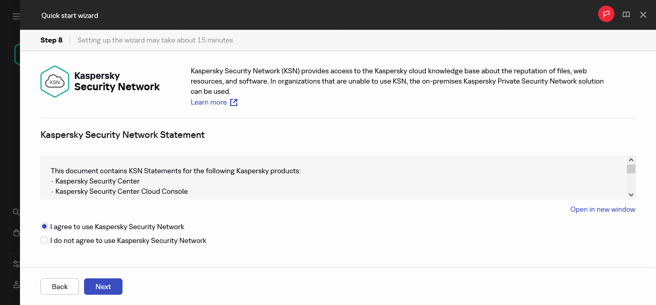 A etapa do Kaspersky Security Network do Assistente de início rápido.