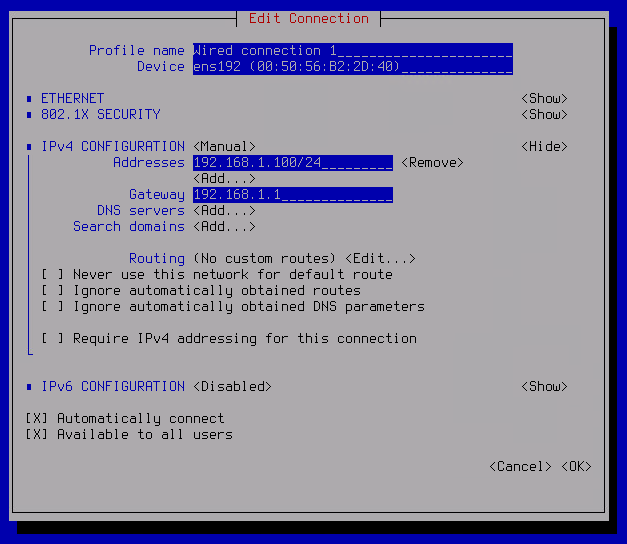 Der Screenshot zeigt ein Beispiel für die Eingabe der Adresse des Standard-Gateways.