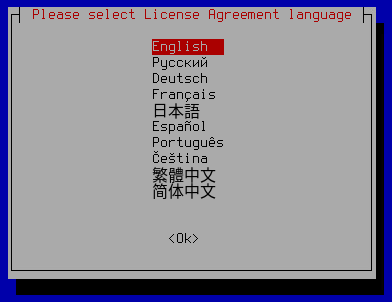 The screenshot shows the language selection window.