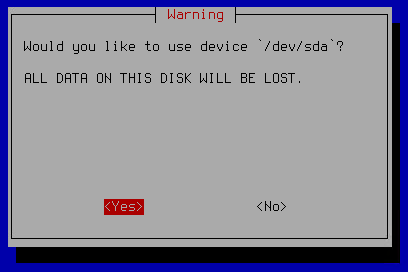 The screenshot shows the warning about deleting all data on the selected hard drive.