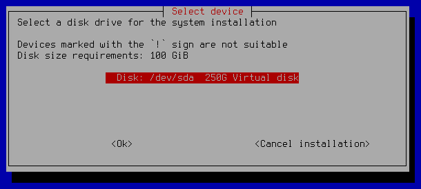 La captura de pantalla muestra la ventana para seleccionar un disco duro para la instalación.