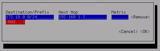 La captura de pantalla muestra un ejemplo de introducción de la configuración de una ruta estática.
