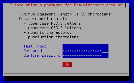 La capture d'écran montre la fenêtre de saisie et de confirmation du mot de passe de l'administrateur.