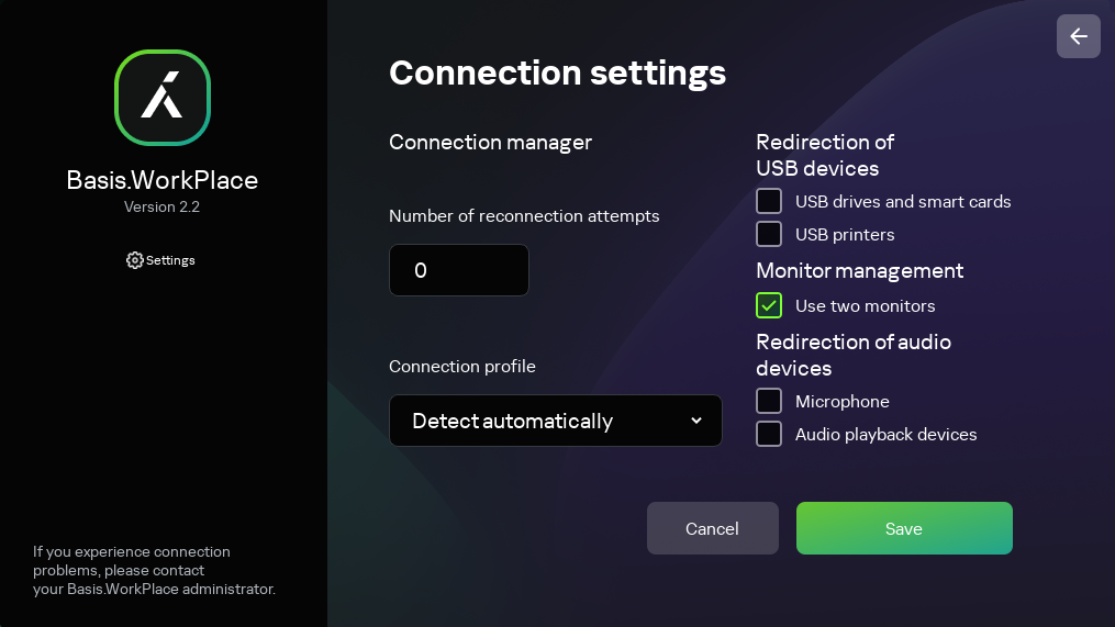 Screenshot of configuring settings for connecting to Basis.WorkPlace.